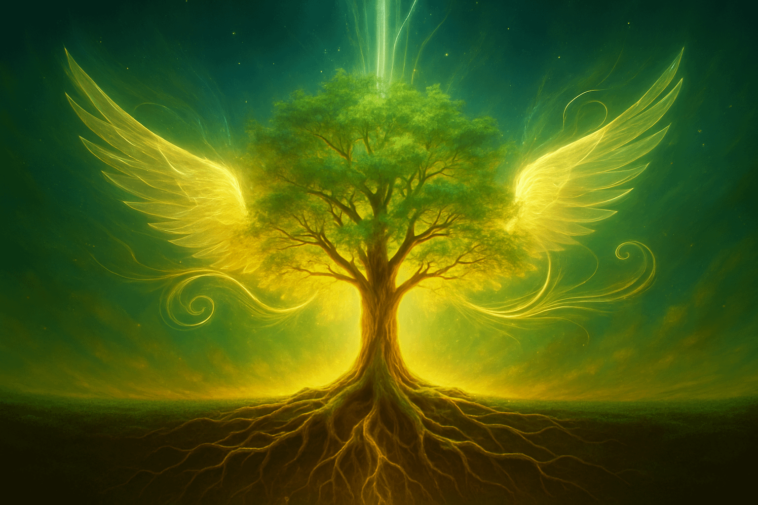 Árbol luminoso con raíces profundas y alas doradas emergiendo de sus ramas, simbolizando sanación familiar, expansión del alma y crecimiento consciente.
