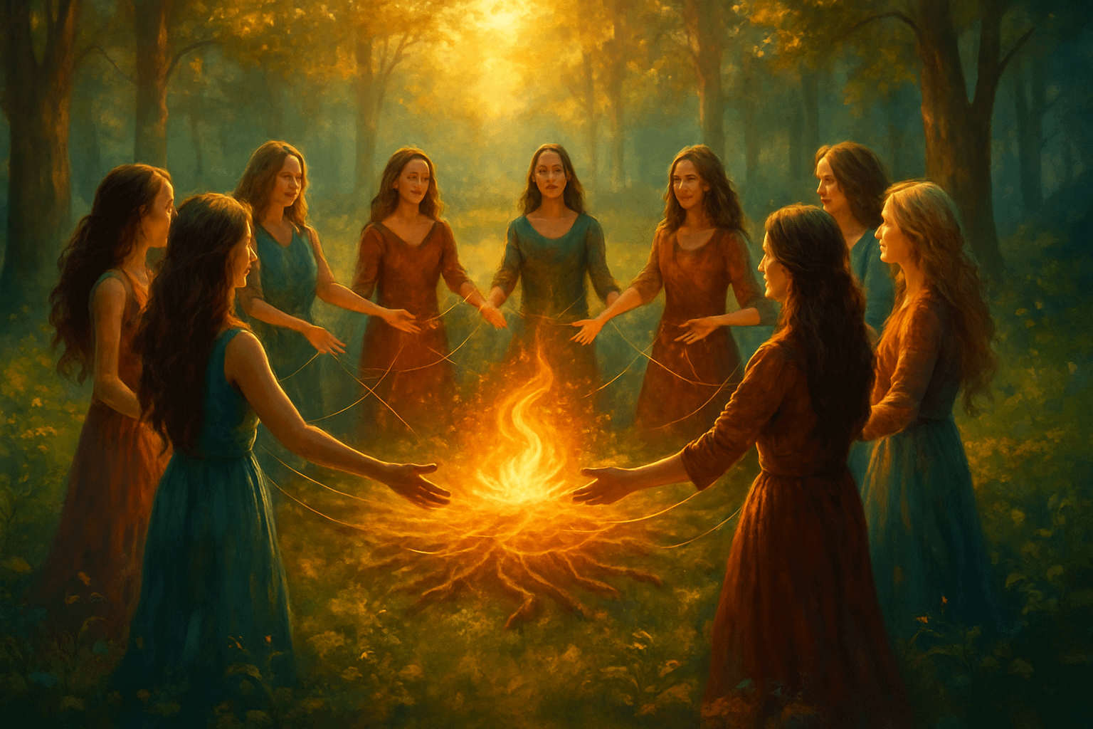 Mujeres formando un círculo en un claro del bosque, conectadas por hilos de luz y reunidas alrededor de un fuego brillante, simbolizando sostén mutuo, tribu viva y crecimiento consciente.