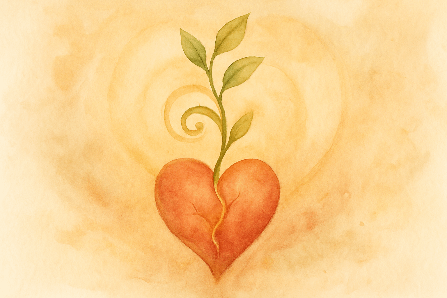 Corazón sanando del que brota una planta en espiral, símbolo de transformación y acompañamiento en la adolescencia.