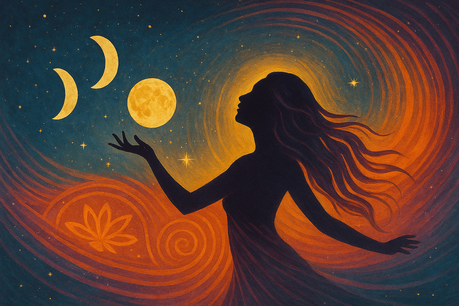 Mujer danzando bajo las fases lunares en un paisaje cósmico, representando la conexión con el ciclo interior, los arquetipos y la danza como ritual corporal