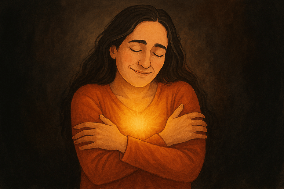 Ilustración de Cata Heincke abrazándose a sí misma, representando el acto de automaternarse y sostenerse con amor durante un proceso creativo profundo. Imagen simbólica de introspección, pausa y cuidado personal en sintonía con su Diseño Humano.