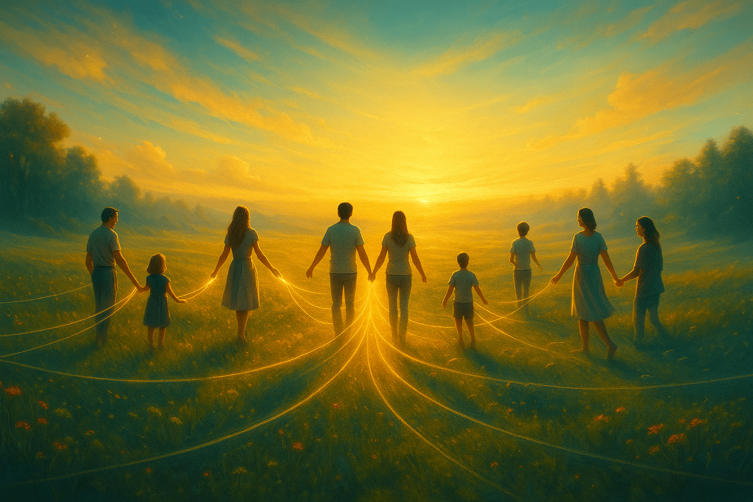 Personas conectadas por hilos de luz en un paisaje de pradera al atardecer, simbolizando la inspiración, la conexión libre y el crecimiento consciente en familia.
